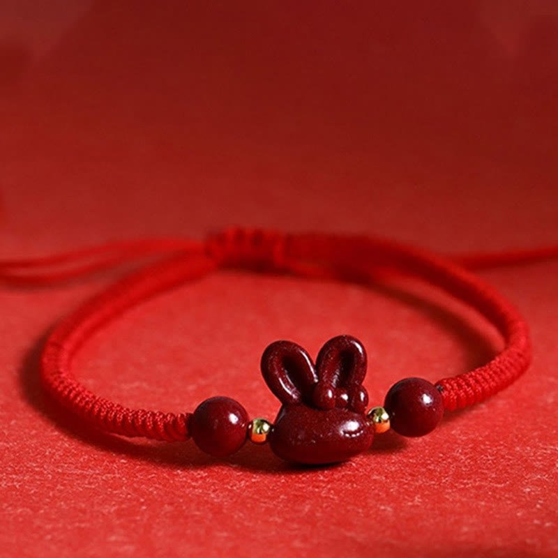 Handmade Cinnabar Chinese Zodiac Rabbit Luck Red Rope Bracelet