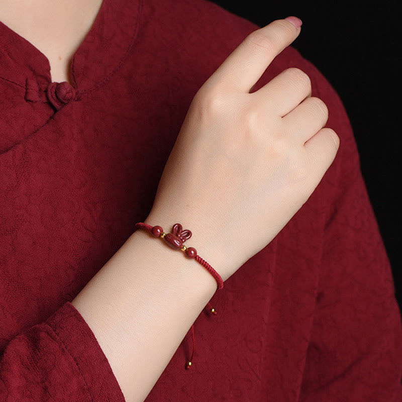 Handmade Cinnabar Chinese Zodiac Rabbit Luck Red Rope Bracelet