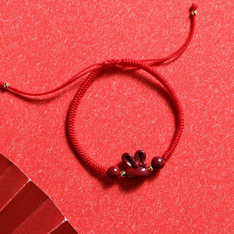 Handmade Cinnabar Chinese Zodiac Rabbit Luck Red Rope Bracelet