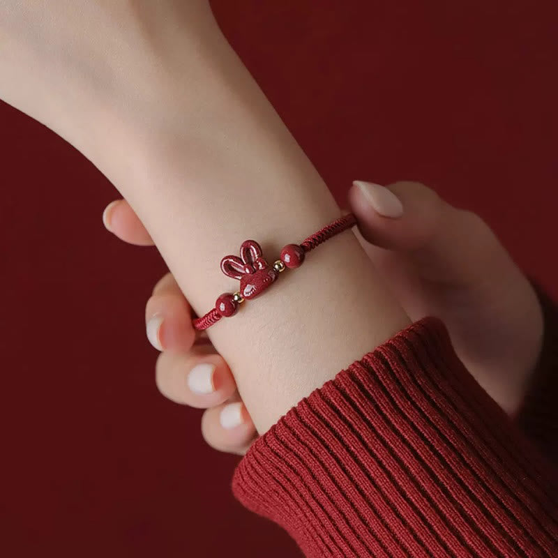 Handmade Cinnabar Chinese Zodiac Rabbit Luck Red Rope Bracelet