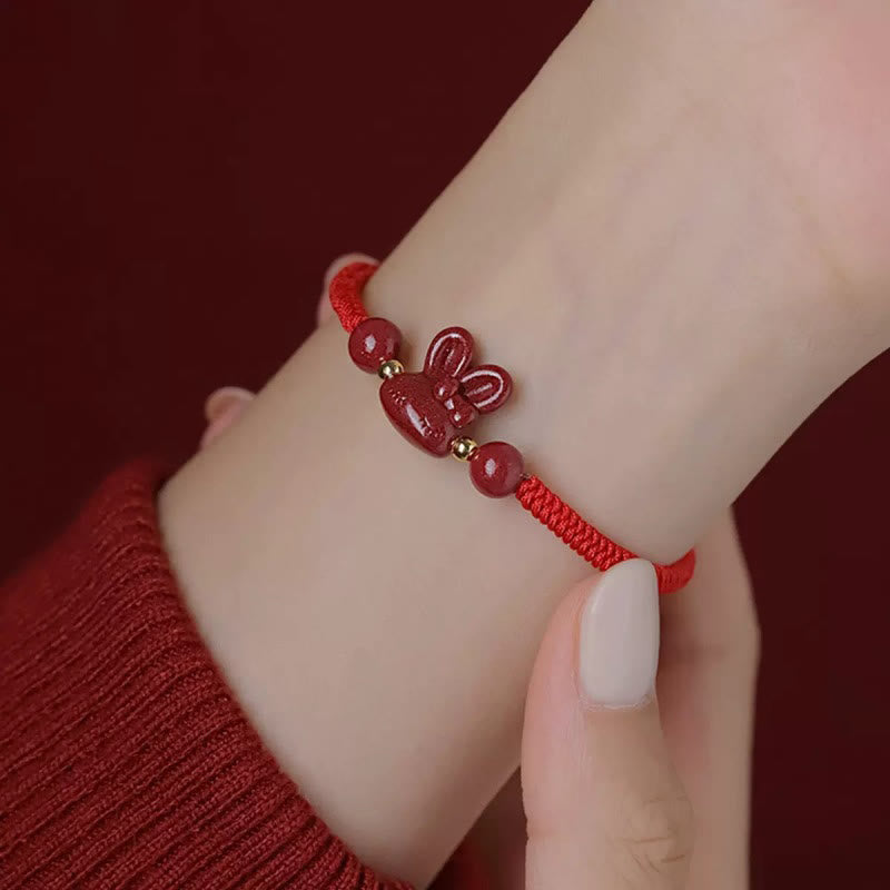 Handmade Cinnabar Chinese Zodiac Rabbit Luck Red Rope Bracelet