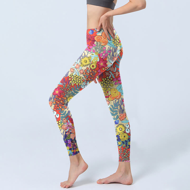 Colorful Flowers Leaves Print Gym Fitness Leggings Women's Yoga Pants