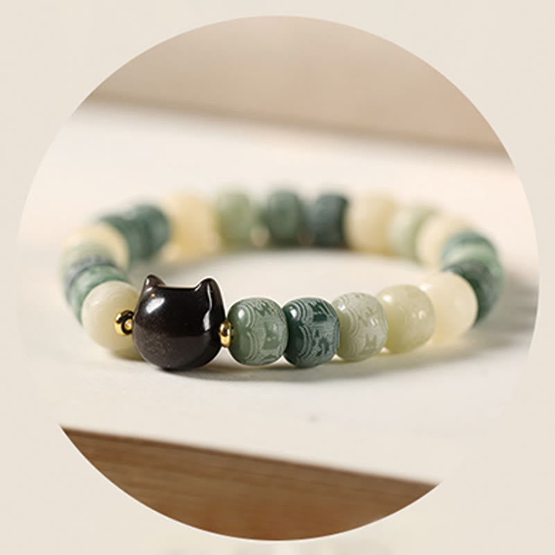 Bodhi Seed Om Mani Padme Hum Carved Silver Sheen Obsidian Cat Head Wisdom Bracelet