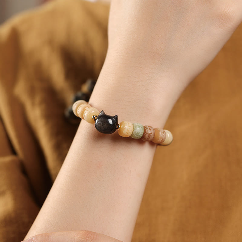 Bodhi Seed Om Mani Padme Hum Carved Silver Sheen Obsidian Cat Head Wisdom Bracelet