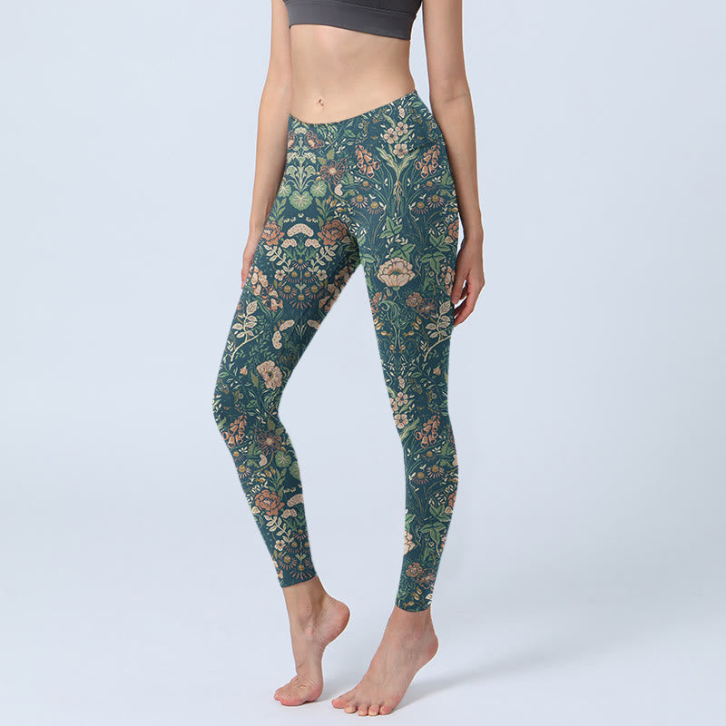 Green Stitching Flowers Vines Pattern Print Gym Leggings Women's Yoga Pants