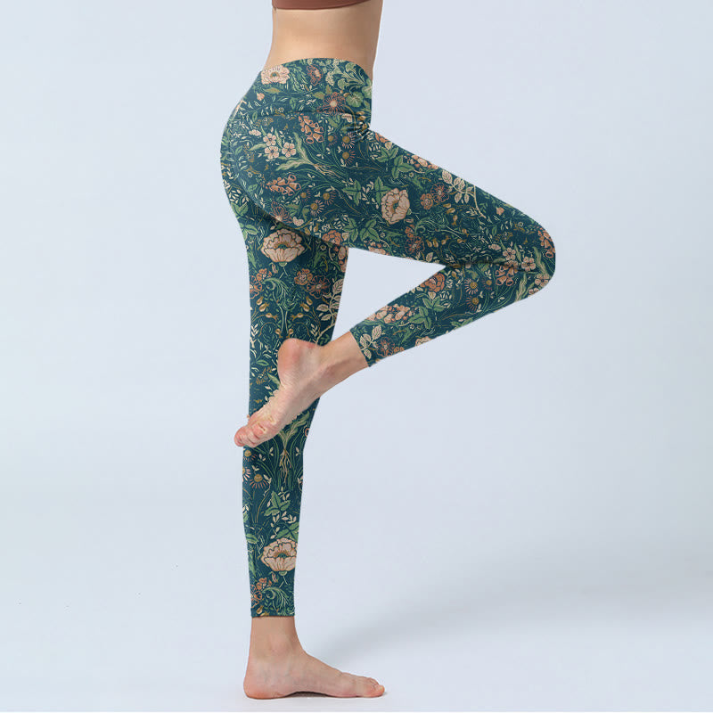 Green Stitching Flowers Vines Pattern Print Gym Leggings Women's Yoga Pants