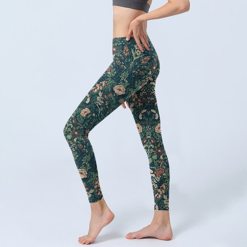 Green Stitching Flowers Vines Pattern Print Gym Leggings Women's Yoga Pants