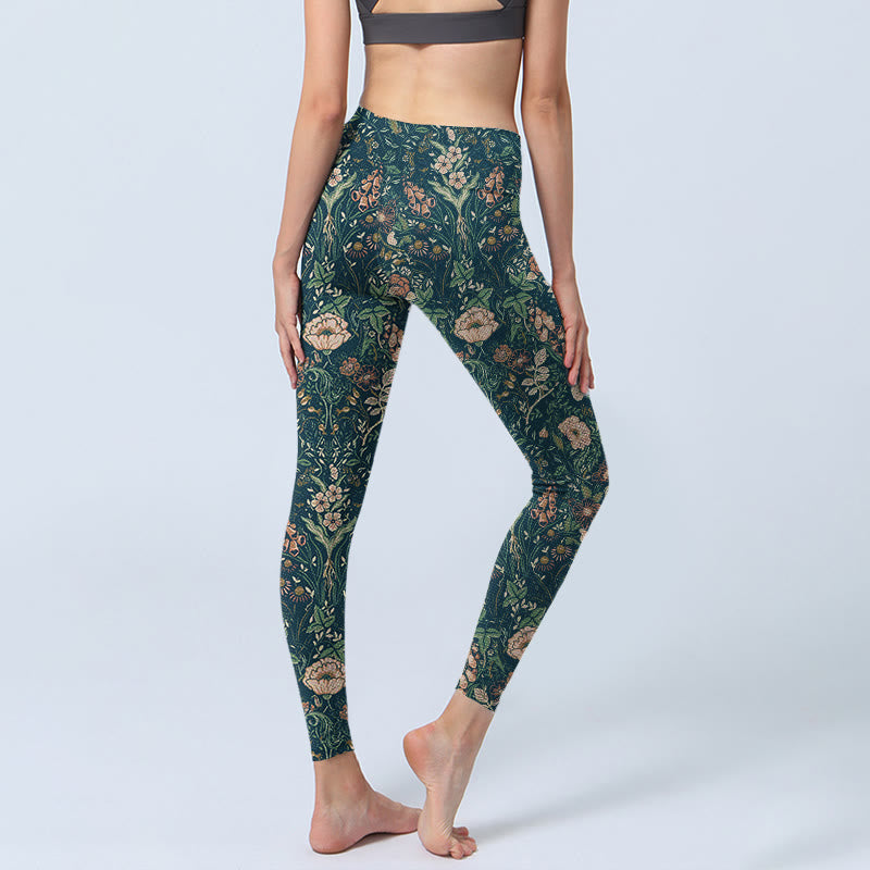 Green Stitching Flowers Vines Pattern Print Gym Leggings Women's Yoga Pants