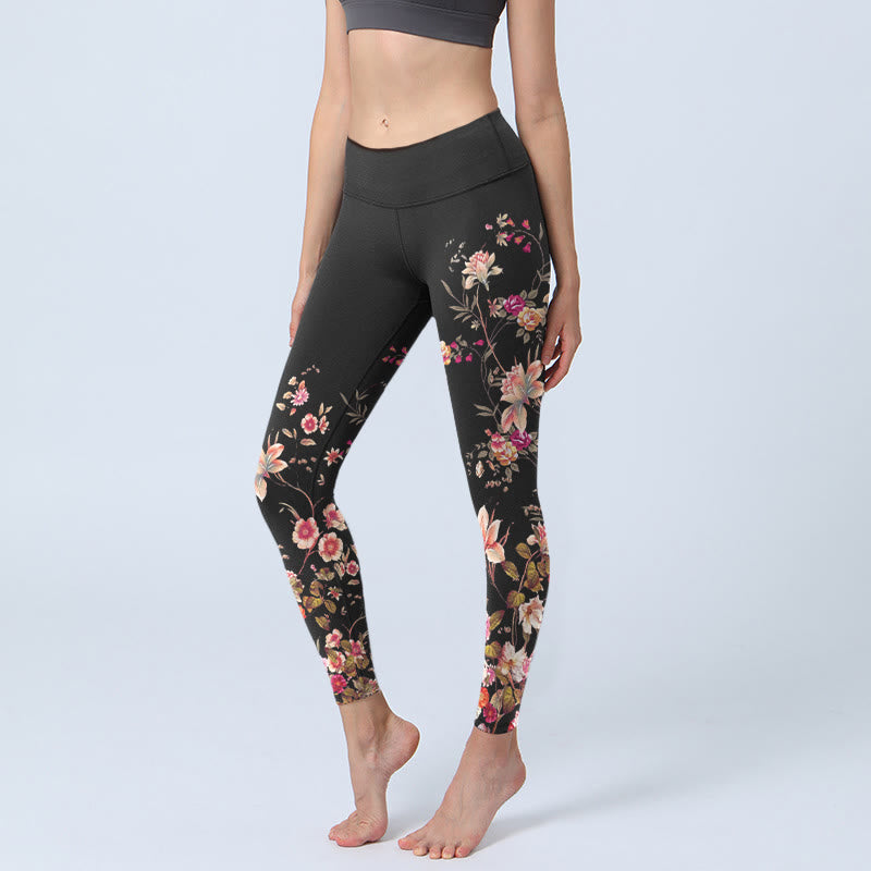 Pink Roses Beige Flowers Print Gym Fitness Leggings Women's Yoga Pants