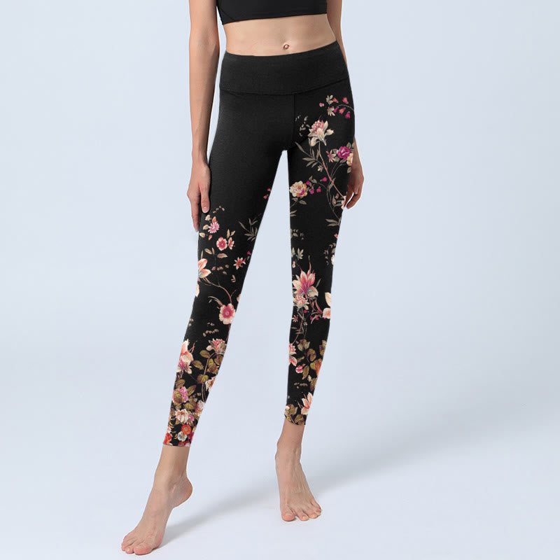 Pink Roses Beige Flowers Print Gym Fitness Leggings Women's Yoga Pants