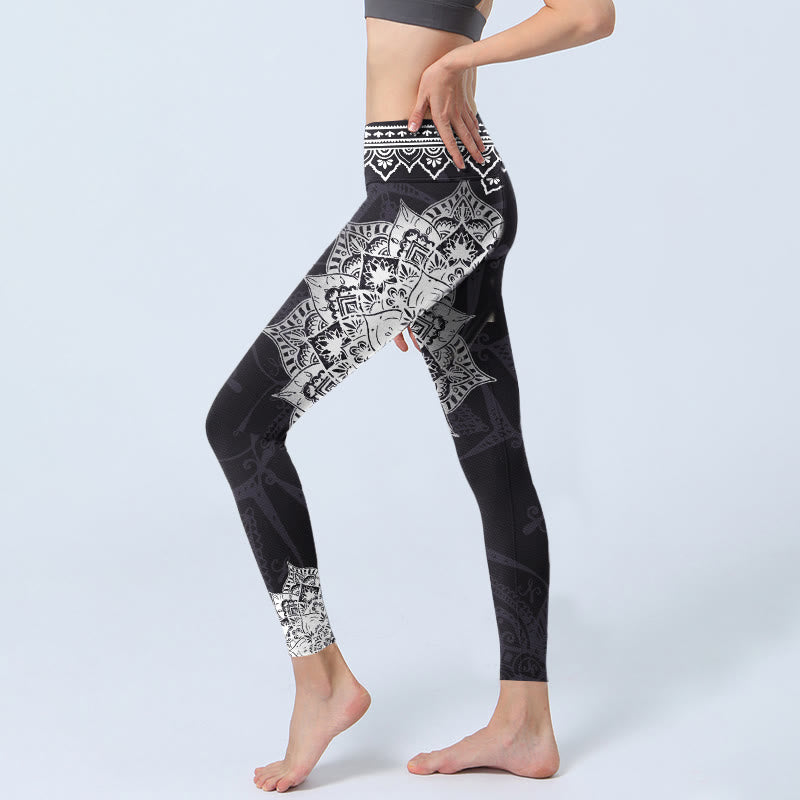 Black Mandala Flowers Print Exercise Leggings Women's Yoga Pants