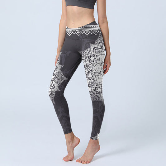 Black Mandala Flowers Print Exercise Leggings Women's Yoga Pants