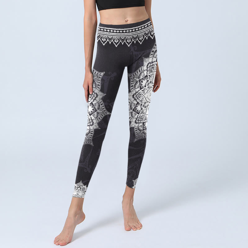 Black Mandala Flowers Print Exercise Leggings Women's Yoga Pants
