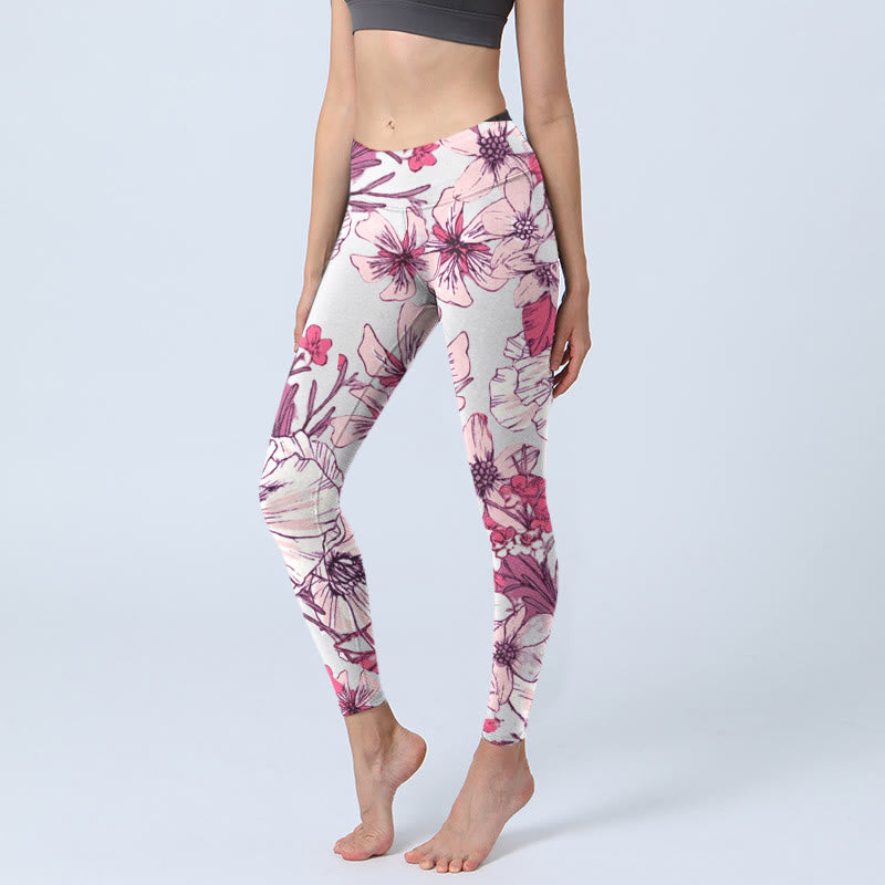 Pink Rose Red Flowers Print Exercise Leggings Women's Yoga Pants
