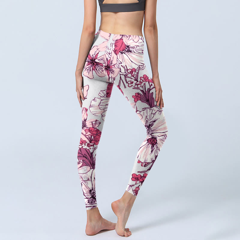 Pink Rose Red Flowers Print Exercise Leggings Women's Yoga Pants