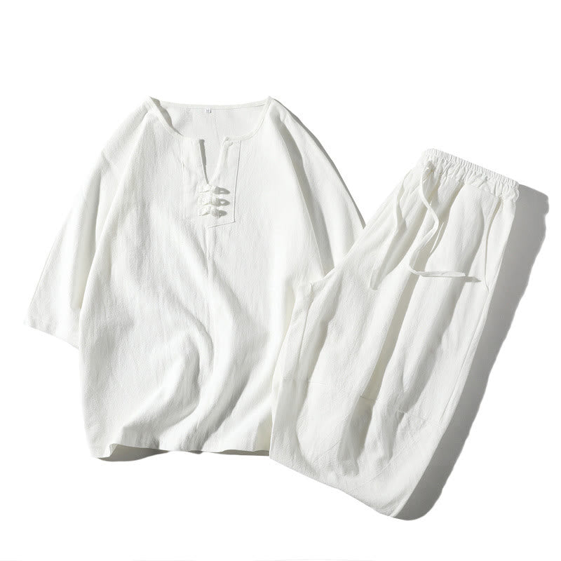 2Pcs Plain Notched Collar T-Shirt Wide Leg Shorts With Pockets Men's Meditation Cloth Set
