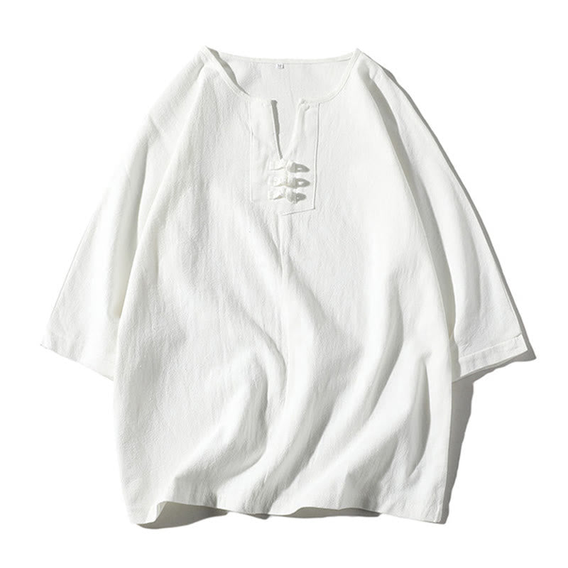 2Pcs Plain Notched Collar T-Shirt Wide Leg Shorts With Pockets Men's Meditation Cloth Set