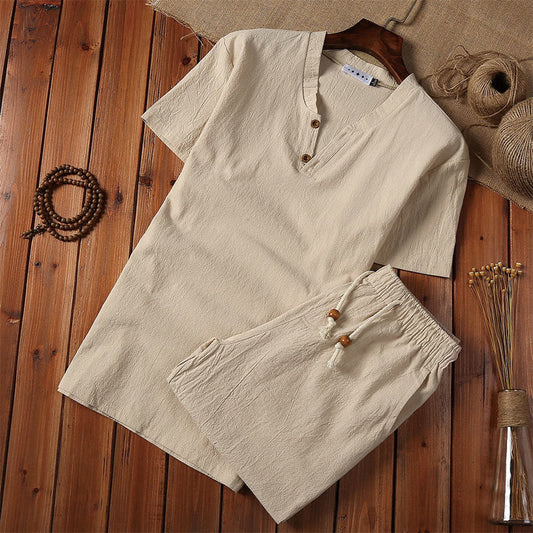 2Pcs Plain Notched Collar Short Sleeve T-Shirt Shorts With Pockets Cotton Linen Men's Meditation Cloth Set