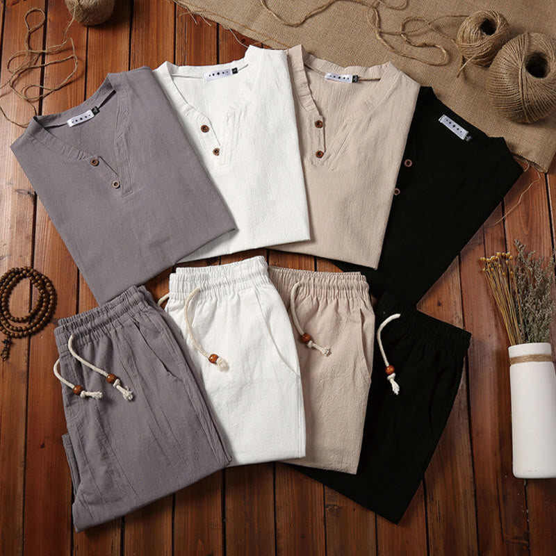 2Pcs Plain Notched Collar Short Sleeve T-Shirt Shorts With Pockets Cotton Linen Men's Meditation Cloth Set