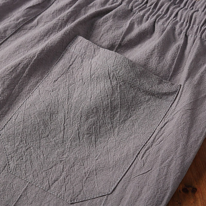 2Pcs Plain Notched Collar Short Sleeve T-Shirt Shorts With Pockets Cotton Linen Men's Meditation Cloth Set