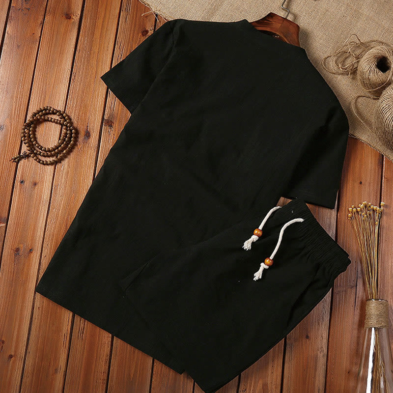 2Pcs Plain Notched Collar Short Sleeve T-Shirt Shorts With Pockets Cotton Linen Men's Meditation Cloth Set