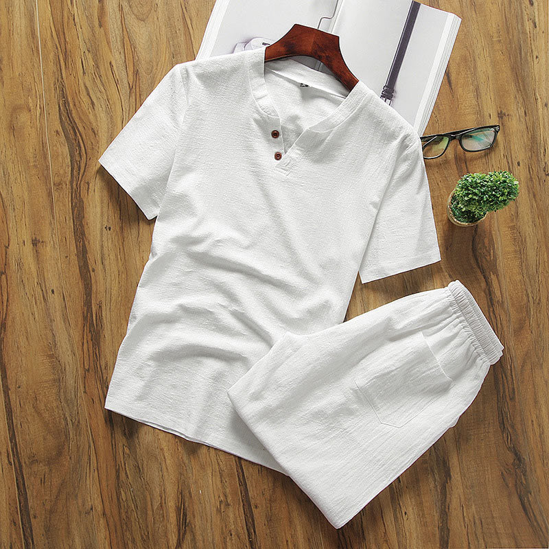 Casual 2Pcs Plain Sleeve T-Shirt Shorts With Pockets Men's Meditation Cloth Set