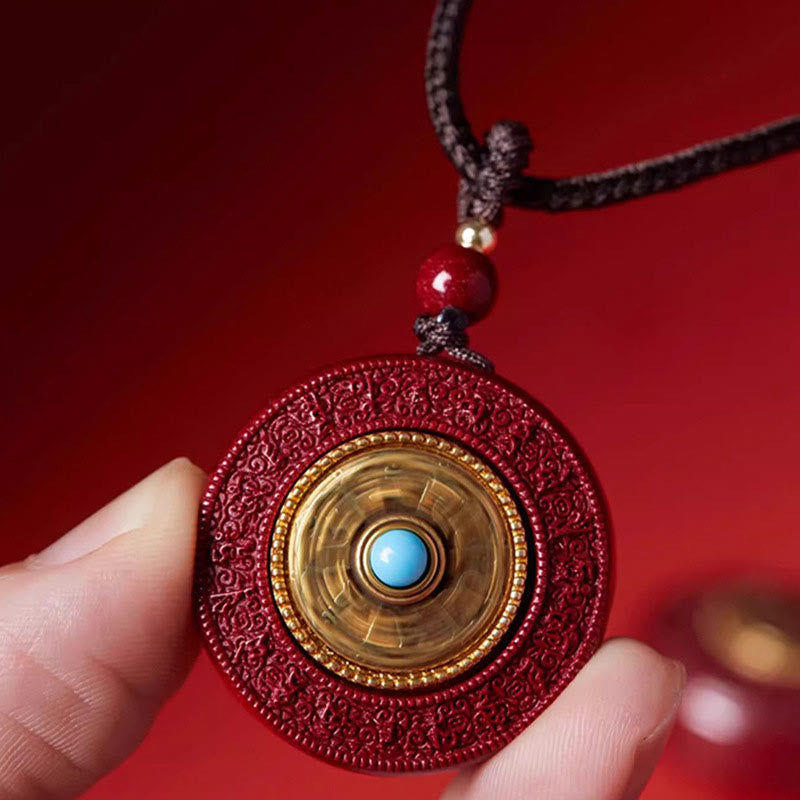 Natural Cinnabar Om Mani Padme Hum Rotatable Scripture Yin Yang Pattern Blessing Necklace String Pendant