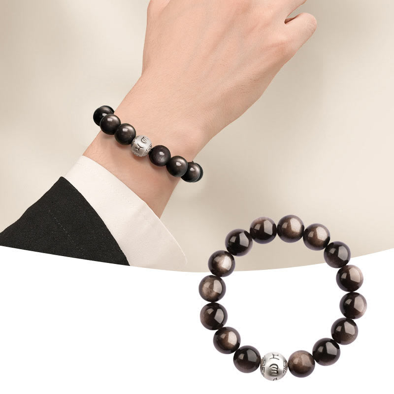Natural Silver Sheen Obsidian Om Mani Padme Hum Protection Bracelet