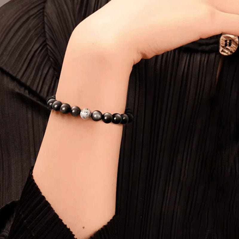 Natural Silver Sheen Obsidian Om Mani Padme Hum Protection Bracelet