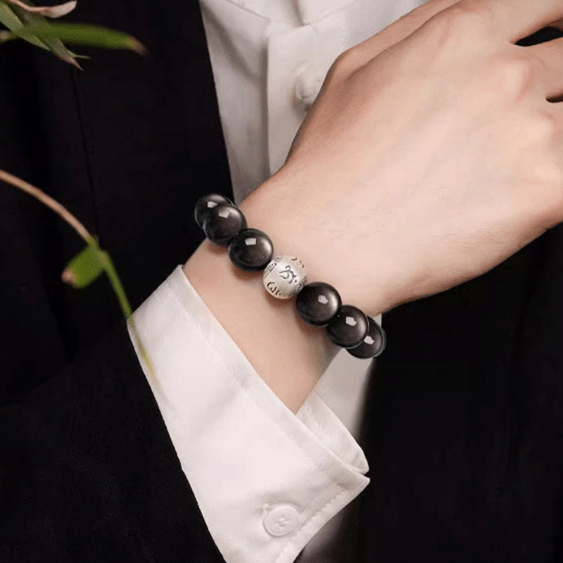 Natural Silver Sheen Obsidian Om Mani Padme Hum Protection Bracelet
