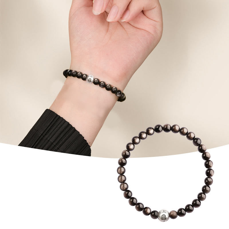 Natural Silver Sheen Obsidian Om Mani Padme Hum Protection Bracelet