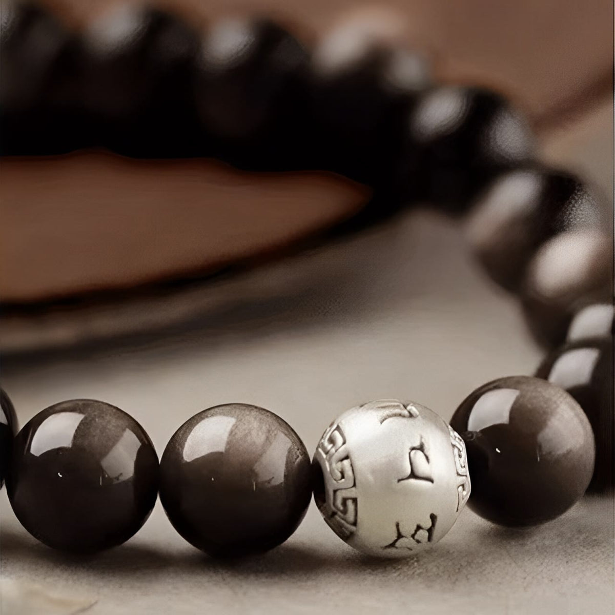 Natural Silver Sheen Obsidian Om Mani Padme Hum Protection Bracelet
