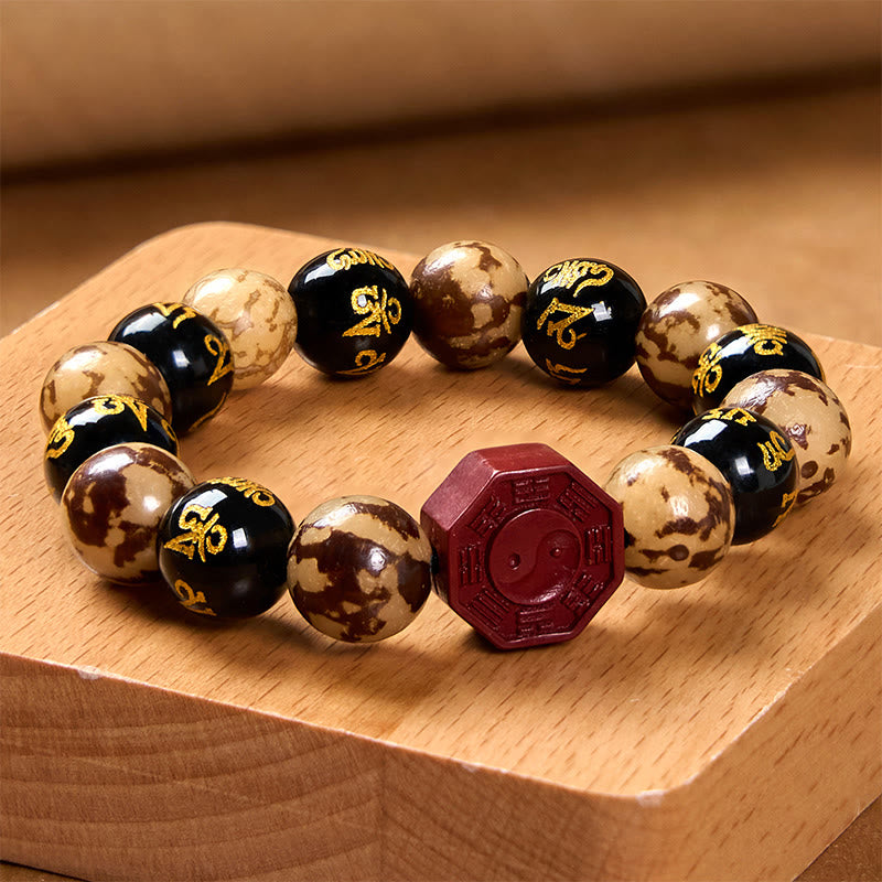 Bodhi Seed Om Mani Padme Hum Bagua Yin Yang Cinnabar Carved Calm Bracelet
