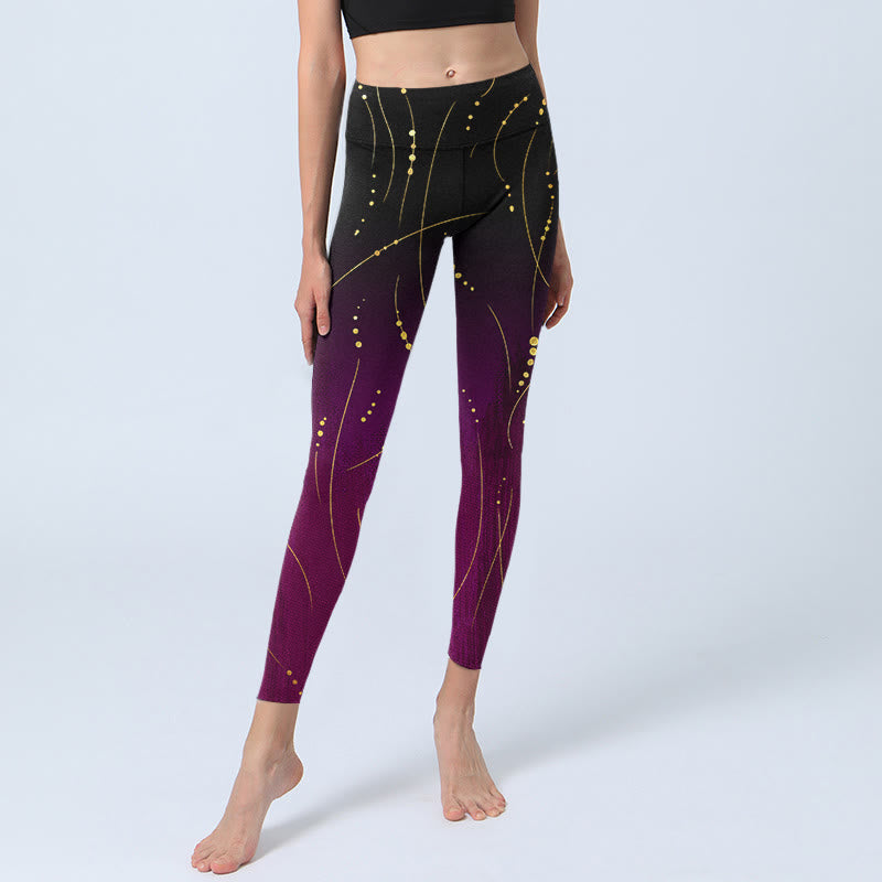 Abstract Gradient Thin And Long Gold Line Pattern Print Gym Leggings Women's Yoga Pants