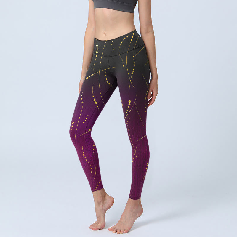 Abstract Gradient Thin And Long Gold Line Pattern Print Gym Leggings Women's Yoga Pants