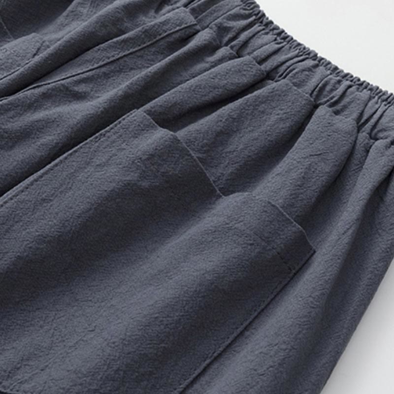 Summer 2Pcs Plain Short Sleeve T-Shirt 7-8 Length Pants Cotton Linen Tang Suit Men's Meditation Cloth Set With Pockets
