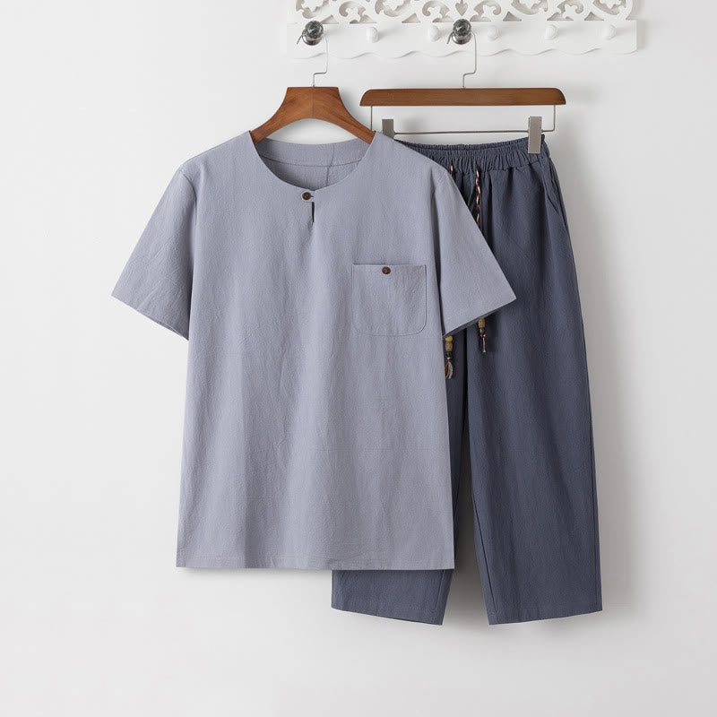 Summer 2Pcs Plain Short Sleeve T-Shirt 7-8 Length Pants Cotton Linen Tang Suit Men's Meditation Cloth Set With Pockets