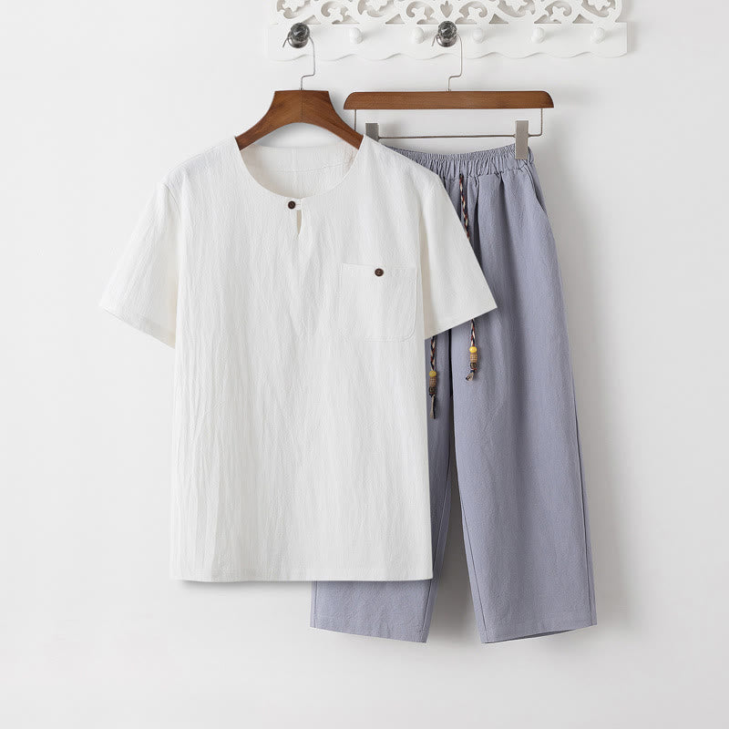 Summer 2Pcs Plain Short Sleeve T-Shirt 7-8 Length Pants Cotton Linen Tang Suit Men's Meditation Cloth Set With Pockets