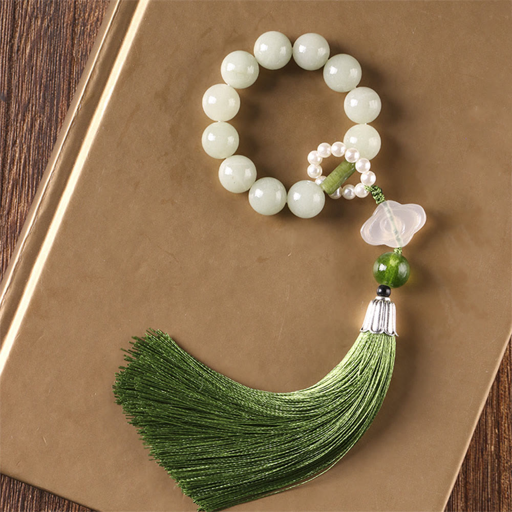 Green Jade Beads Pearl Prosperity Tassels Wrist Mala