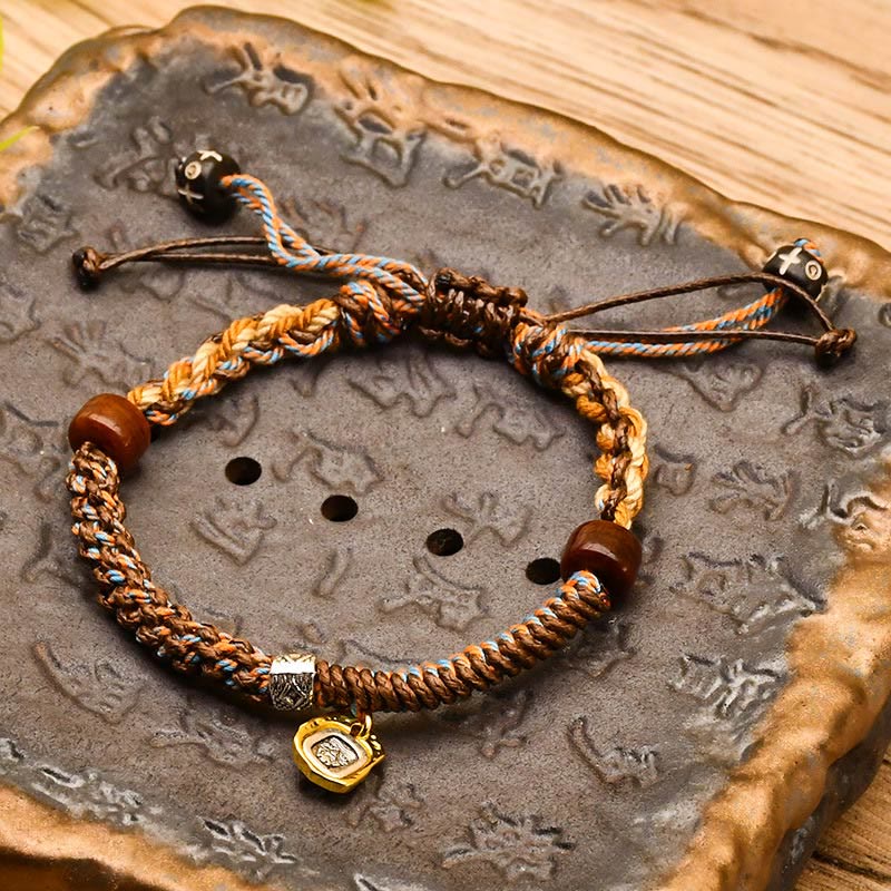 Handmade Tibetan Zakiram Goddess Of Wealth Wood Protection Braided Bracelet