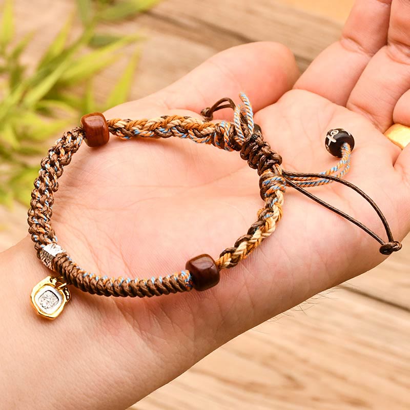 Handmade Tibetan Zakiram Goddess Of Wealth Wood Protection Braided Bracelet