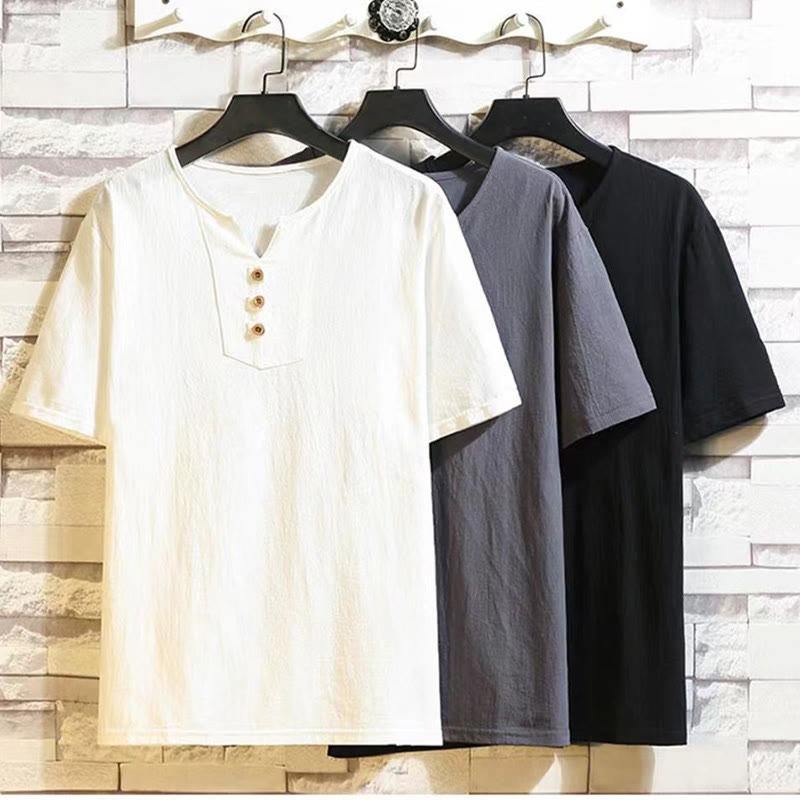 2Pcs Short Sleeve T-Shirt Drawstring Short Pants With Pockets Men's Cotton Linen Meditation Cloth Set