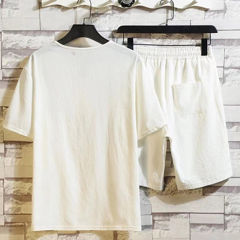 2Pcs Short Sleeve T-Shirt Drawstring Short Pants With Pockets Men's Cotton Linen Meditation Cloth Set
