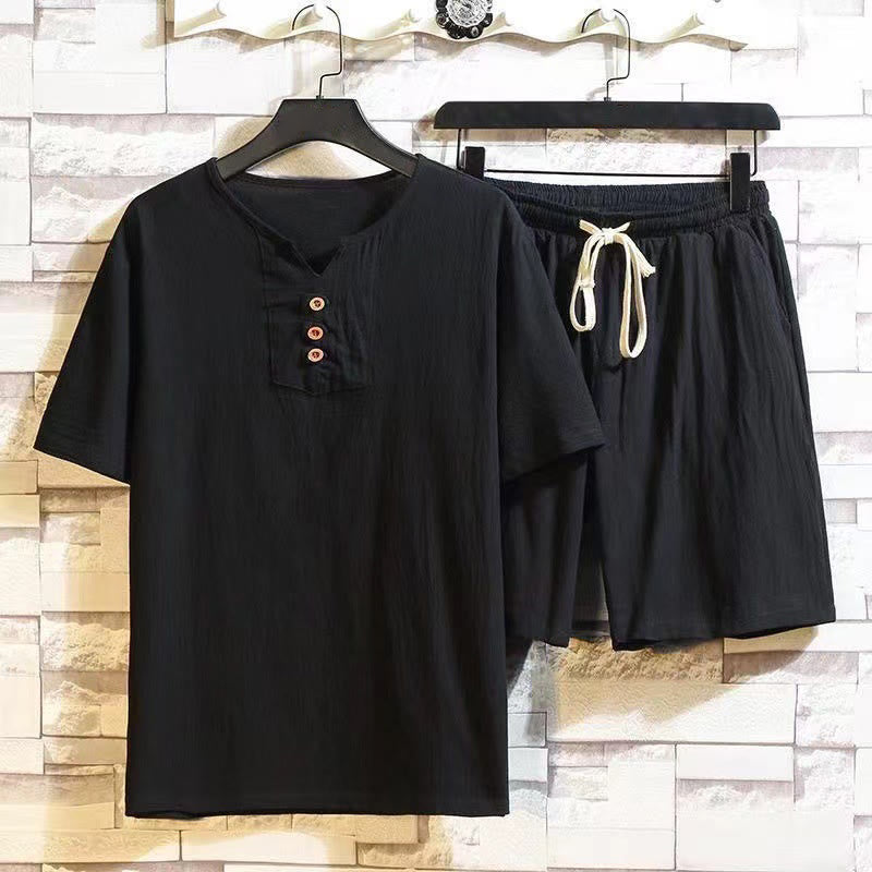 2Pcs Short Sleeve T-Shirt Drawstring Short Pants With Pockets Men's Cotton Linen Meditation Cloth Set