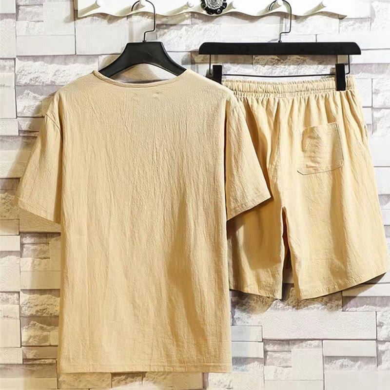 2Pcs Short Sleeve T-Shirt Drawstring Short Pants With Pockets Men's Cotton Linen Meditation Cloth Set