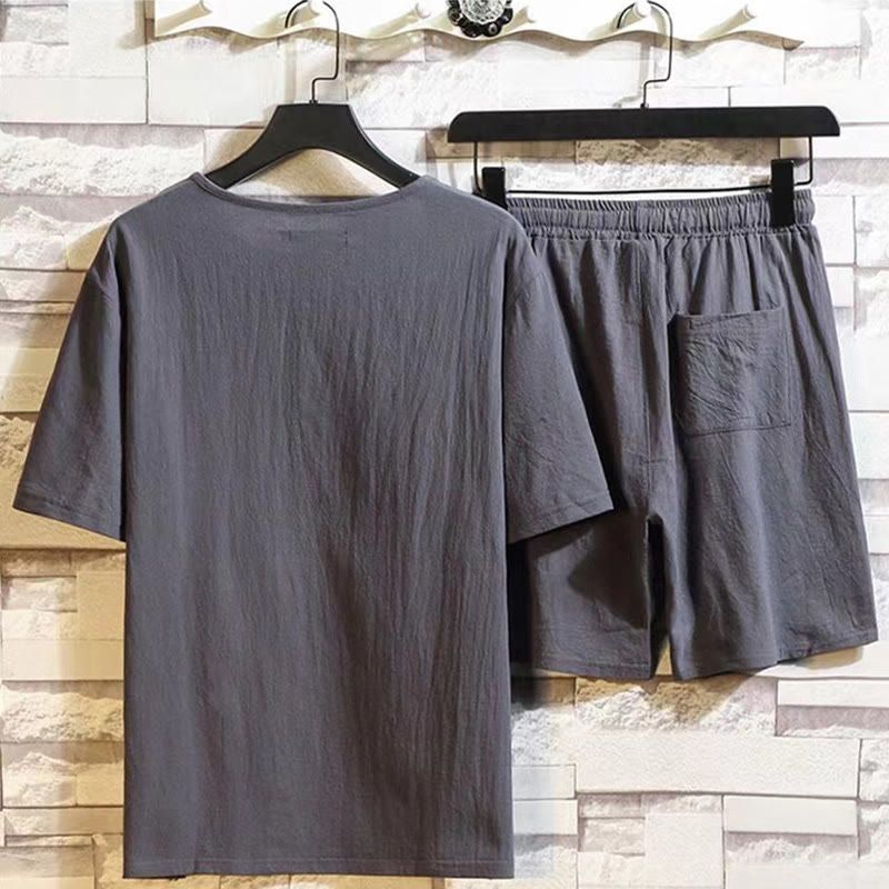 2Pcs Short Sleeve T-Shirt Drawstring Short Pants With Pockets Men's Cotton Linen Meditation Cloth Set