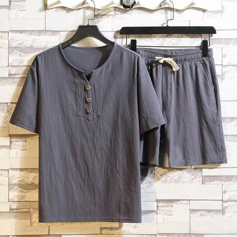 2Pcs Short Sleeve T-Shirt Drawstring Short Pants With Pockets Men's Cotton Linen Meditation Cloth Set