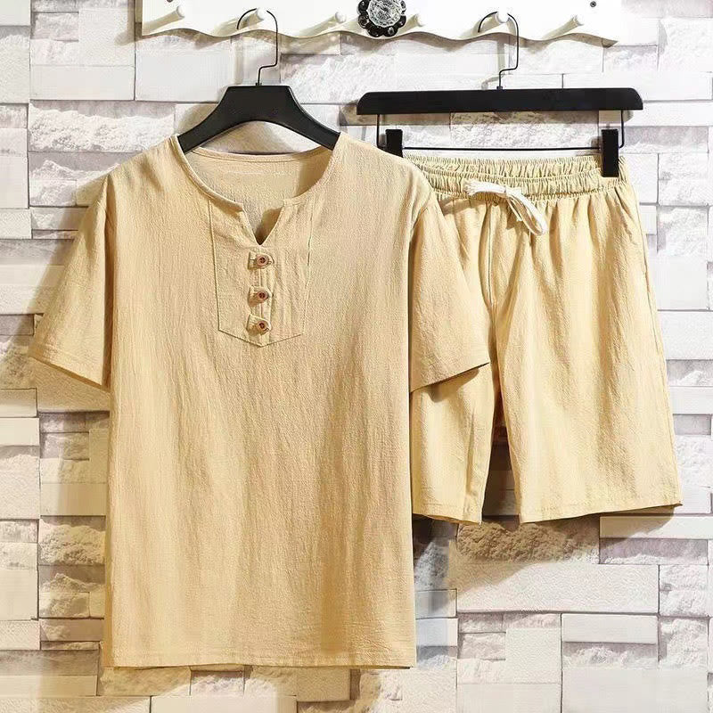 2Pcs Short Sleeve T-Shirt Drawstring Short Pants With Pockets Men's Cotton Linen Meditation Cloth Set