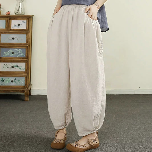 Vintage Solid Color Embroidery Cotton Linen Women's 7-8 Length Harem Pants With Pockets