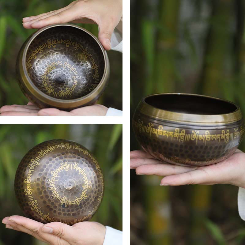 Handcrafted Singing Bowl Scripture Pattern for and Meditation Sound Bowl Set